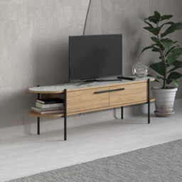 Decortie Otis Modern Tv Unit Multimedia Centre Oak White Marble Effect Metal Leg Storage Cabinet 160Cm - thumbnail 4