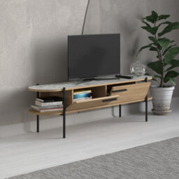 Decortie Otis Modern Tv Unit Multimedia Centre Oak White Marble Effect Metal Leg Storage Cabinet 160Cm - thumbnail 5