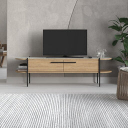 Decortie Otis Modern Tv Unit Multimedia Centre Oak White Marble Effect Metal Leg Storage Cabinet 160Cm