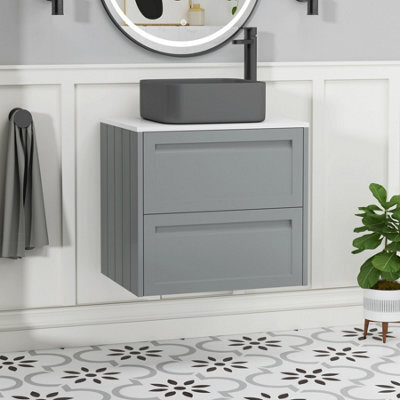 Royal Bathrooms Royal Bathroom Elmore 600mm Pebble Grey Wall Mounted Bathroom Vanity Unit 2 Drawer Plain White Worktop With Art Square Basin - image 1