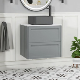 Royal Bathrooms Royal Bathroom Elmore 600mm Pebble Grey Wall Mounted Bathroom Vanity Unit 2 Drawer Plain White Worktop With Art Square Basin - thumbnail 1