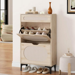 Rattan Shoe Cabinet Shoe Storage With 2 Flip Doors And Drawer Natural - thumbnail 3
