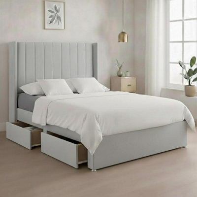 Luxury Silver Plush Milan Double Bed Frame With Mattress 54 Inches Wingback Headboard 2 Footend Storage Drawers