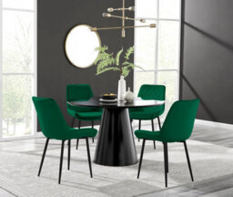 Furniturebox Palma White Marble Effect Round 4-6 Seater Pedestal Dining Table & 4 Green Velvet Pesaro Black Leg Chairs