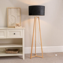 Valuelights Lottie Natural Wood Tripod Floor Lamp With Black Velvet Drum Shade