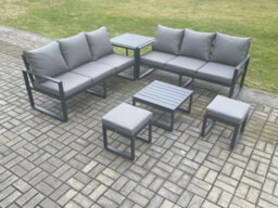 Fimous Aluminium 6 Pieces Garden Furniture Sofa Set With Cushions 8 Seater Outdoor Patio Set With Coffee Table Footstools - thumbnail 1