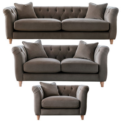 Furnishings For Less UK Elsie Velvet Chesterfield Plush Velvet Mushroom 3 Seater + 2 Seater + Armchair Set - image 1