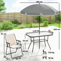 Outsunny 8 Piece Garden Dining Set With 6 Folding Chairs And Umbrella, Cream - thumbnail 3