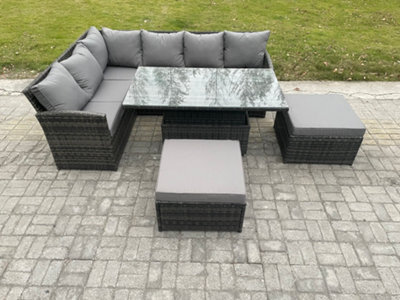 Fimous Outdoor Garden Furniture Set Wicker Pe Rattan Height Adjustable Rising Lifting Table Sofa Dining Set With 2 Big Footstool - image 1