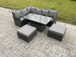 Fimous Outdoor Garden Furniture Set Wicker Pe Rattan Height Adjustable Rising Lifting Table Sofa Dining Set With 2 Big Footstool - thumbnail 2