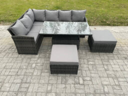 Fimous Outdoor Garden Furniture Set Wicker Pe Rattan Height Adjustable Rising Lifting Table Sofa Dining Set With 2 Big Footstool - thumbnail 1