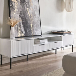 Wyld and Coco Nordicluxe White Lacquered Mdf Tv Stand With Metal Legs, Ribbed Fronts And Cable Management - Wide Cabinet For Living Room - thumbnail 2