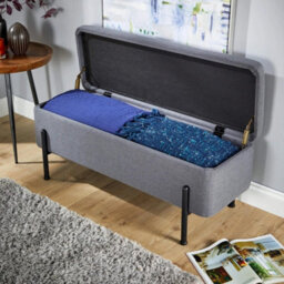 Grey Linen Storage Ottoman Metal Legs Compact Space Saving Seat - thumbnail 5