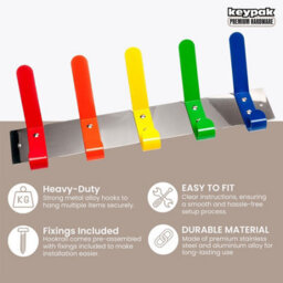 Keypak 5-Hook Wall-Mounted Kids Coat Rack 40Cm Chrome Rail, Multi-Colour School Bag Hook Coat Rack Hook - Fixings Included - thumbnail 2