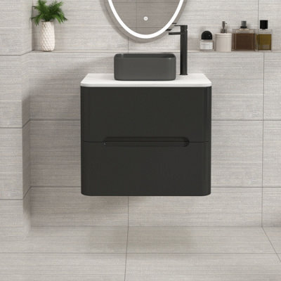 Royal Bathrooms Venice 600mm Matt Nocturne Black Wall Mounted Bathroom Countertop Vanity Unit 2 Drawer With Art Square Basin - image 1