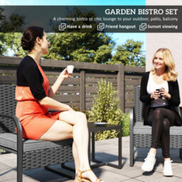 Outsunny Rattan Bistro Set, 3 Piece Garden Furniture Set Cushions, Black - thumbnail 4