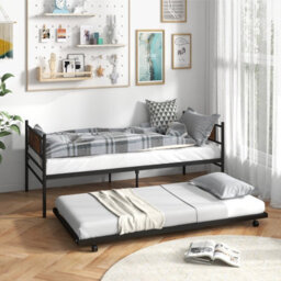 Costway Metal Daybed With Pull-Out Trundle Single Sofa Guest Bed With Headboard - thumbnail 4
