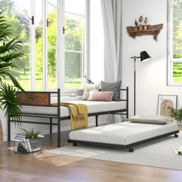 Costway Metal Daybed With Pull-Out Trundle Single Sofa Guest Bed With Headboard