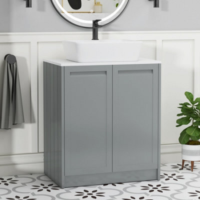 Royal Bathrooms Royal Bathroom Elmore 700mm Matt Pebble Grey Freestanding Bathroom Vanity Unit 2 Door Plain White Worktop With Cube Basin - image 1