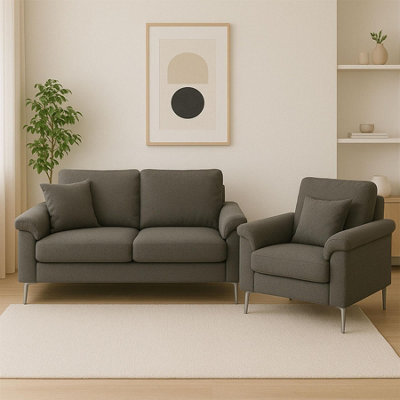 Kosy Koala Modern Grey Sofa 2  1 Seater Set Fabric With Chrome Feet - Comfortable Couch With Cushion For Living Room, Bedroom Or Office - image 1
