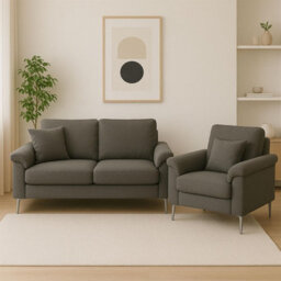Kosy Koala Modern Grey Sofa 2  1 Seater Set Fabric With Chrome Feet - Comfortable Couch With Cushion For Living Room, Bedroom Or Office