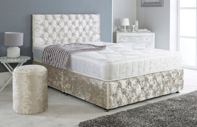 Adore Designs Chesterfield Crushed Velvet Divan Bed, Ortho Mattress, Footboard & Round Stool - 5Ft Kingsize - Cream - 4 Drawers - image 1