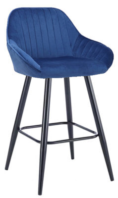 Lamboro Velluto Velvet Kitchen Bar Stool, Powder-Coated Black Fixed Legs With Footrest, Velvet Padded Seat, Backrest & Armrest, Blue - image 1