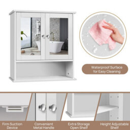 White Wall Mounted Bathroom Storage Cabinet With Mirror Wood Shelves - thumbnail 6