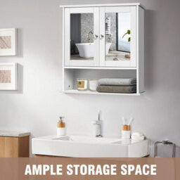 White Wall Mounted Bathroom Storage Cabinet With Mirror Wood Shelves - thumbnail 4