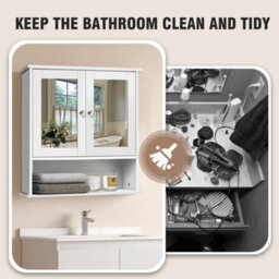 White Wall Mounted Bathroom Storage Cabinet With Mirror Wood Shelves - thumbnail 3