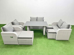 Fimous 8 Pieces Outdoor Pe Rattan Sofa Reclining Chair Set Patio Garden Furniture Sets With Cushions 3 Stools Light Grey - thumbnail 2