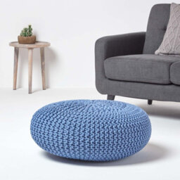 Homescapes Blue Large Round Cotton Knitted Pouffe Footstool - thumbnail 2