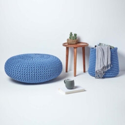 Homescapes Blue Large Round Cotton Knitted Pouffe Footstool - thumbnail 6