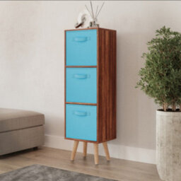 Urbn-Living Urbnliving 80Cm Height 3 Tier Teak Wooden Storage Bookcase Scandinavian Style Beech Legs With Sky Blue Inserts