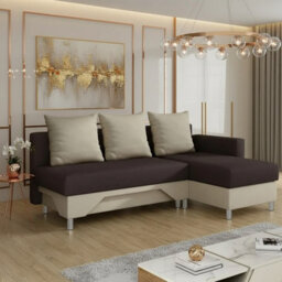 Tom M Corner Sofa Bed For Living Room Chipboard Frame Hr Foam Bonell Spring Wooden Base 215X133X95Cm Brown And Beige Right