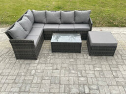 Fimous 7 Seater Rattan Lounge Corner Sofa Set Wicker Pe Outdoor Garden Furniture Set With Coffee Table Big Footstool - thumbnail 2