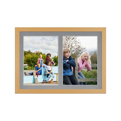 AK Frames 20X14 Country Pine Modern Multi Photo Frame With Mid Grey Mount - Holds 2 Apertures (2X) A4 Photos - image 1