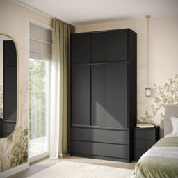 Urbn-Living Urbnliving 240Cm Height 6 Sliding Door 4 Drawer Black Freestanding Wardrobe Clothes Storage Hanging Rail Bedroom - thumbnail 2