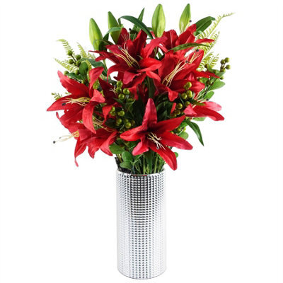 Leaf 70Cm Red Lily Display Silver Glass Vase - image 1