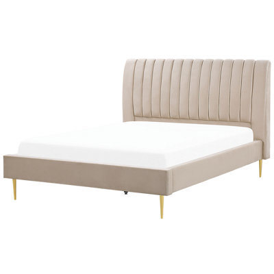 Beliani Bed Velvet Marville 180 X 200 Cm (Eu Super King) Sand Beige - image 1