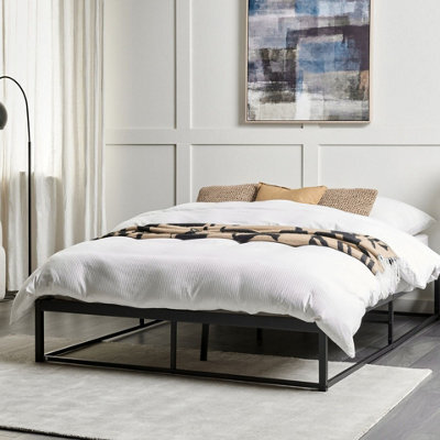 Wyld and Coco Ironline Black Metal Bed Frame Double 4Ft6 - Powder-Coated Iron With Solid Wood Slats, No Headboard - image 1