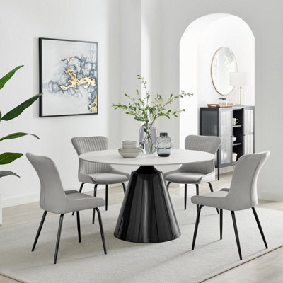 Furniturebox Furniturbeox Uk Nina White Marble Ceramic Top Round Dining Table & 4 Light Grey Nora Chairs - image 1