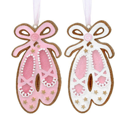 Gisela Graham Christmas Set Of Two Gingerbread Ballet Slipper Hanging Tree Decorations, Pink And White, 8 X 4.5 Cm