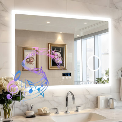 Luvodi 100X70Cm Led Illuminated Bathroom Mirror With Bluetooth Music Play 3X Magnifier Demister Touch