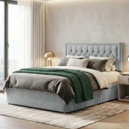 Adore Designs Diamond Cut Bumper Plush Velvet Divan Bed, Headboard & Mattress - 4Ft Small Double - Silver - 0 Drawers - thumbnail 1