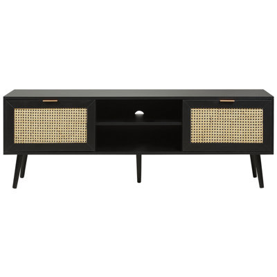 Wyld and Coco Bohonest Tv Stand In Black Wood With Rattan Fronts, 2 Cabinets, W150 X D40 X H52Cm - image 1