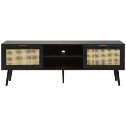 Wyld and Coco Bohonest Tv Stand In Black Wood With Rattan Fronts, 2 Cabinets, W150 X D40 X H52Cm - thumbnail 1