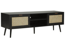 Wyld and Coco Bohonest Tv Stand In Black Wood With Rattan Fronts, 2 Cabinets, W150 X D40 X H52Cm - thumbnail 3