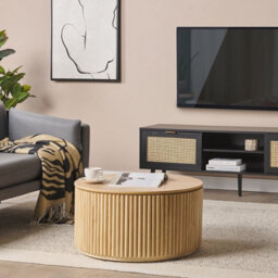 Wyld and Coco Bohonest Tv Stand In Black Wood With Rattan Fronts, 2 Cabinets, W150 X D40 X H52Cm - thumbnail 2