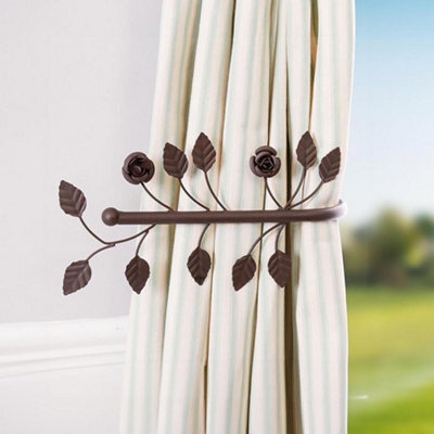 Dibor Set Of 2 Brown Rose Cast Iron Curtain Hold Backs Vintage Style Floral Leaf Tie Backs Curtain Holder - image 1